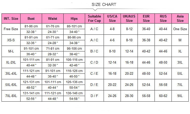 Size chart table displaying international measurements for the black lace garter nightdress set with stockings.