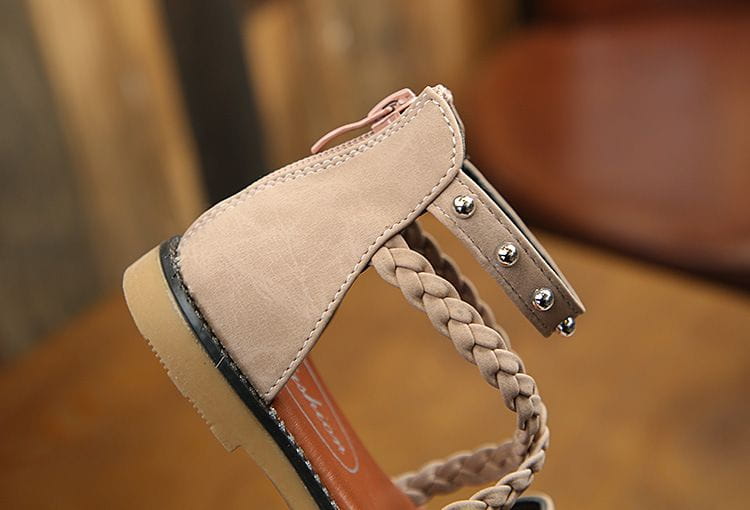 beige suede girls braided sandals with silver studs showing yards internal length for accurate fit measurement