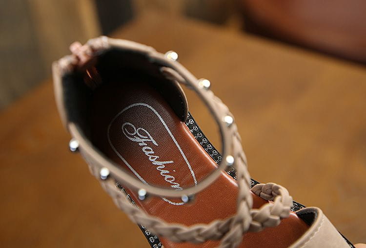 beige braided leather girls sandal with silver studs along the ankle strap featuring yards internal length for a comfortable fit