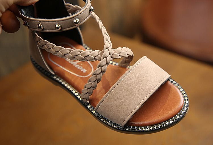 Beige braided leather girls sandals with silver studs and a suede strap highlighting yards internal length for accurate fit measurement.