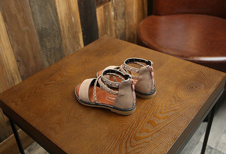 Beige suede girls sandals with braided leather straps and silver studs showing yards internal length for precise fit measurement.