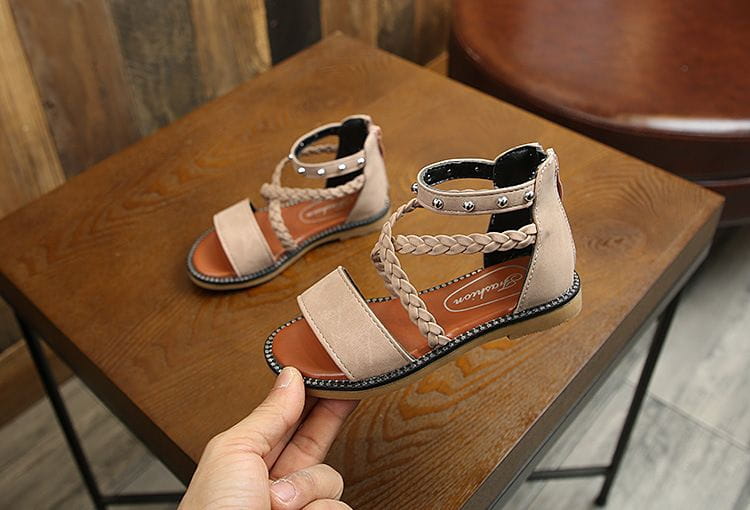 Beige suede girls braided sandals featuring silver studs and yards internal length for a comfortable fit.