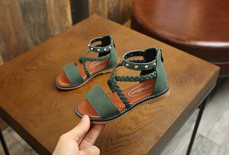 green suede girls braided sandals with silver studs featuring braided straps and yards internal length measurement