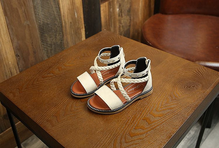 girls braided beige leather sandals with white braided straps silver studs and brown insole showing yards internal length measurement