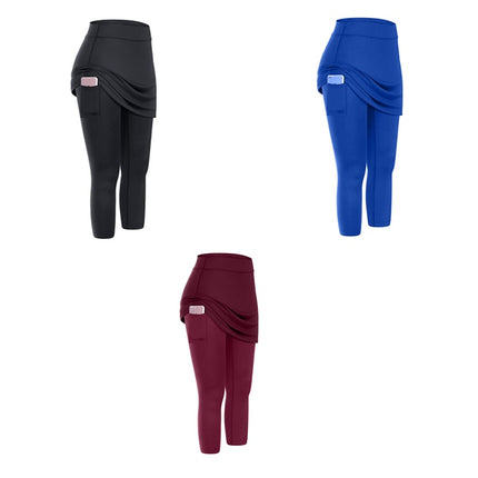 Women Tennis Skirted Leggings Pockets Elastic Sports Yoga Capris Skirts Legging - Royalessencelux