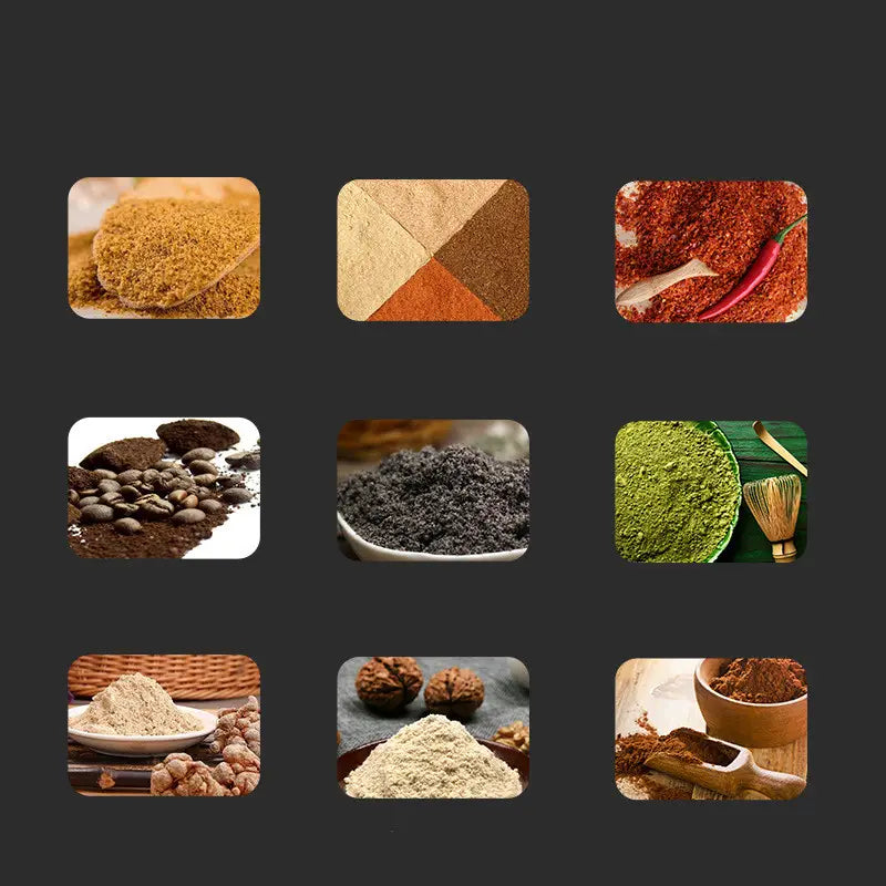 a collection of nine distinct spice powders in varied colors displayed in square panels next to an electric herb grinder with transparent base designed for herbal and coffee grinding purposes