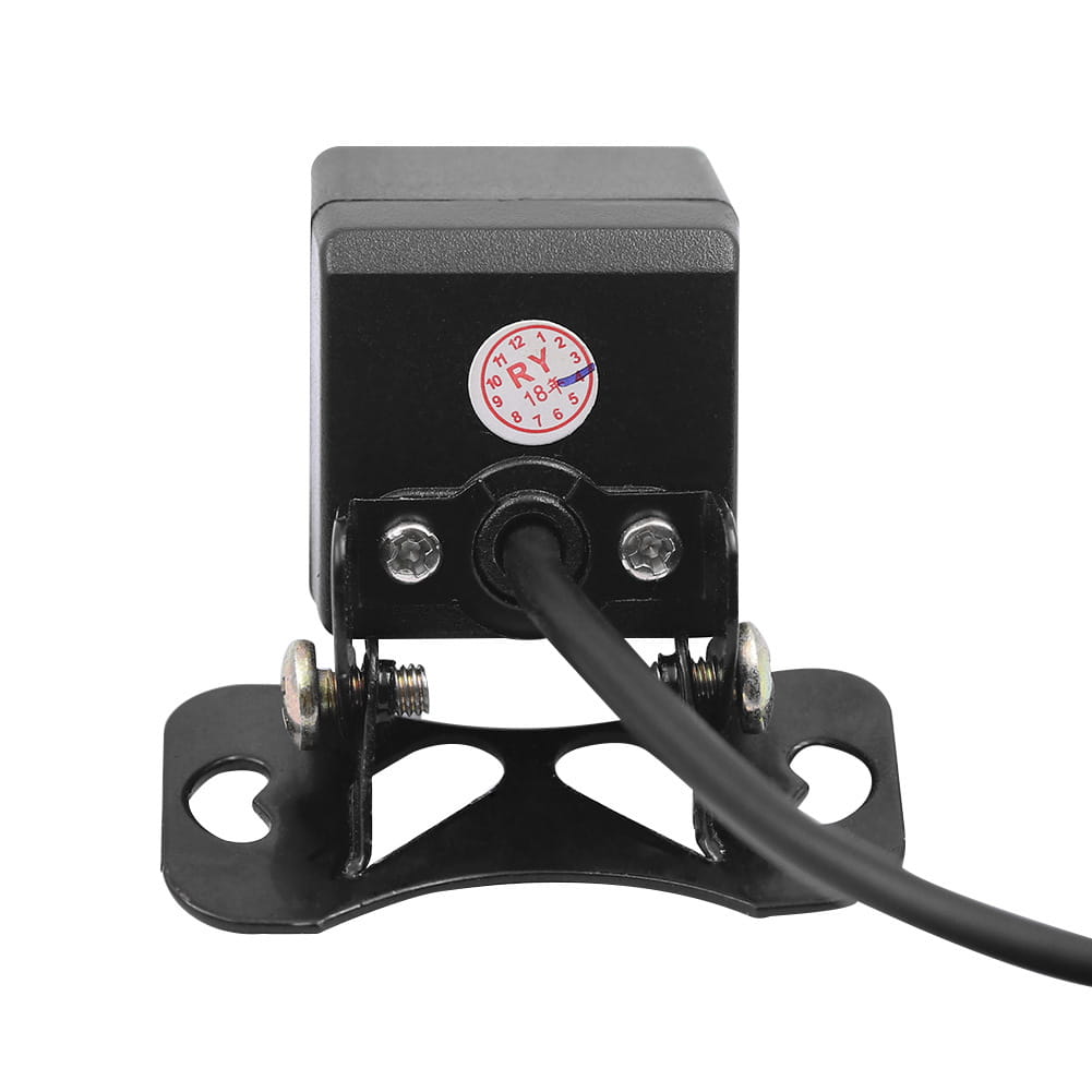 Black rectangular car hd night vision external ccd camera showing the back side with mounting bracket and attached cable for vehicle use
