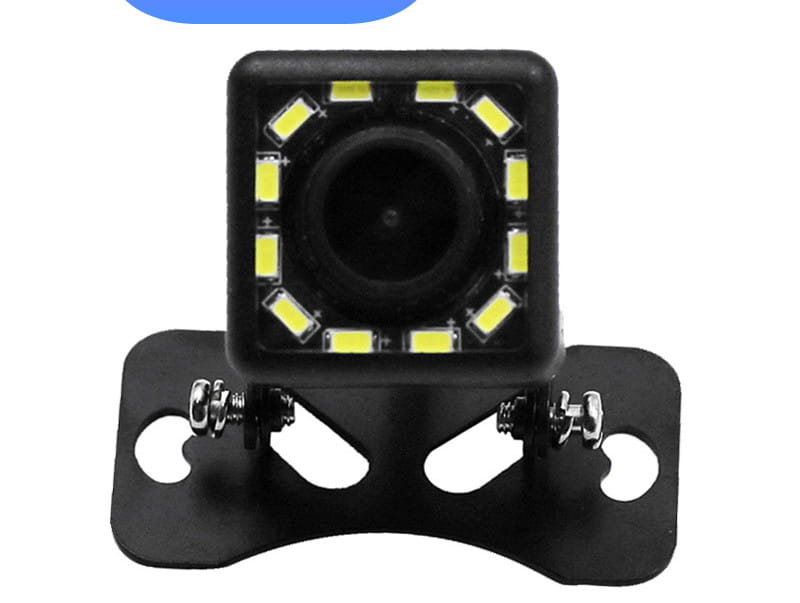 Black square-shaped car hd night vision external ccd camera with a circular lens surrounded by 12 yellow led lights mounted on a black plastic bracket.