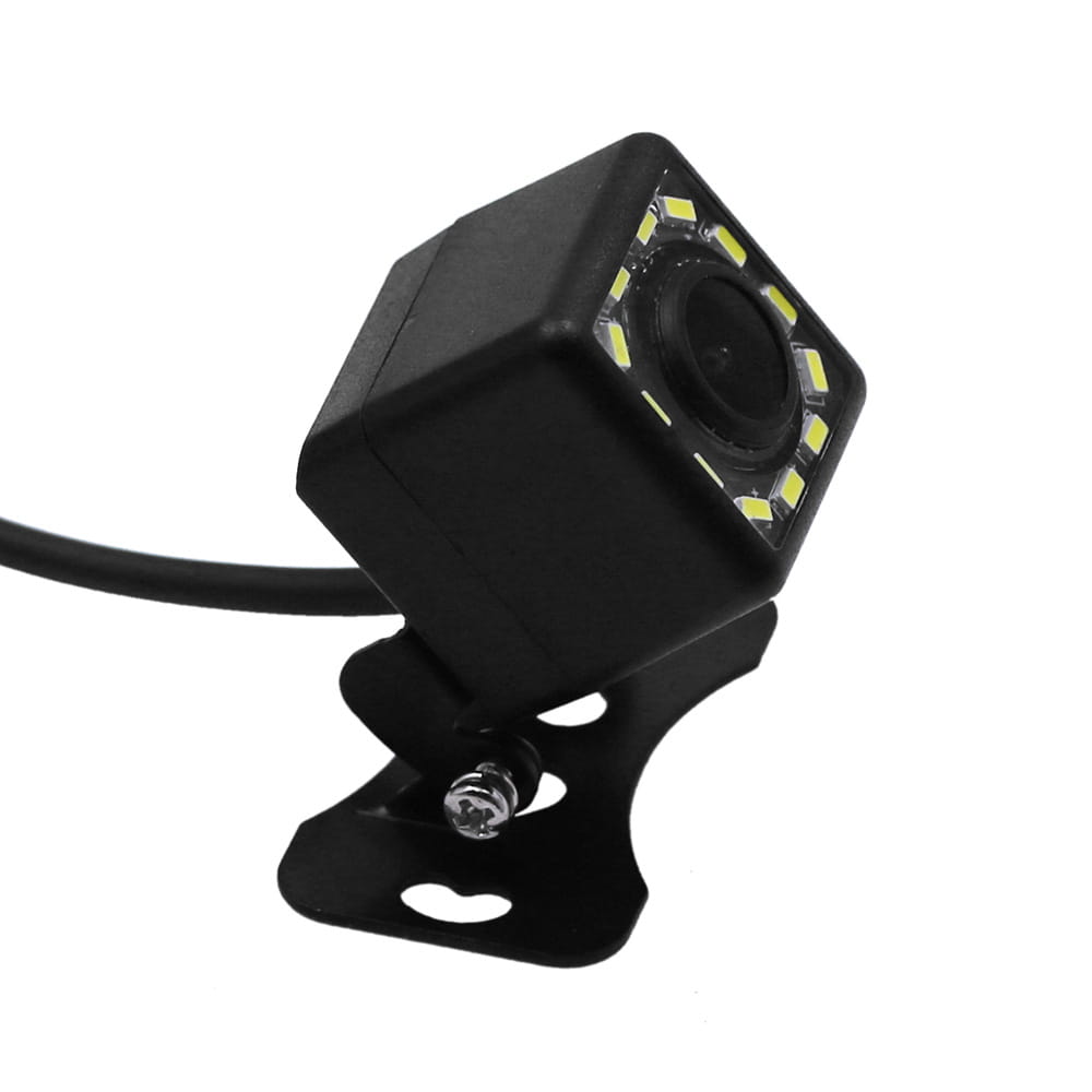black square-shaped car hd night vision external ccd camera with circular lens surrounded by yellow led lights mounted on a black metal bracket