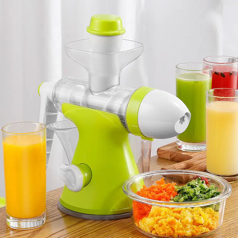 Bright lime green and white small household juicer with transparent sections designed to squeeze lemon orange juice efficiently.