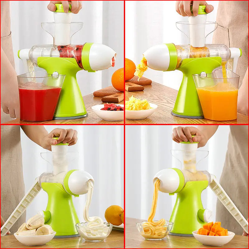 small household juicer in lime green and white with transparent fruit chute and juice collection container designed to squeeze lemon orange juice efficiently