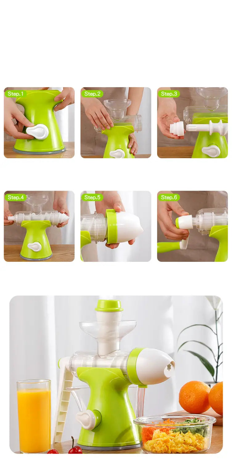 Bright green small household juicer with white accents and a clear collection container designed to squeeze lemon orange juice efficiently.