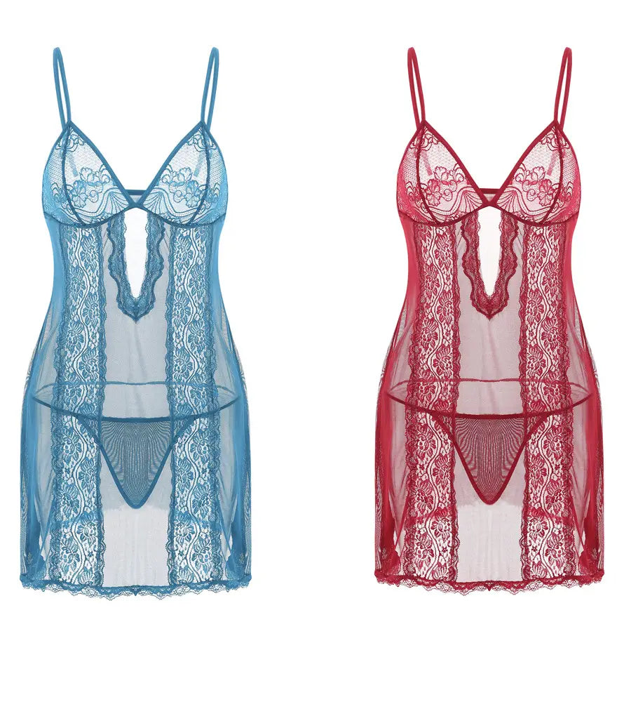 blue and red lace sling long skirt plus size nightdress featuring delicate floral mesh patterns for elegant nighttime wear