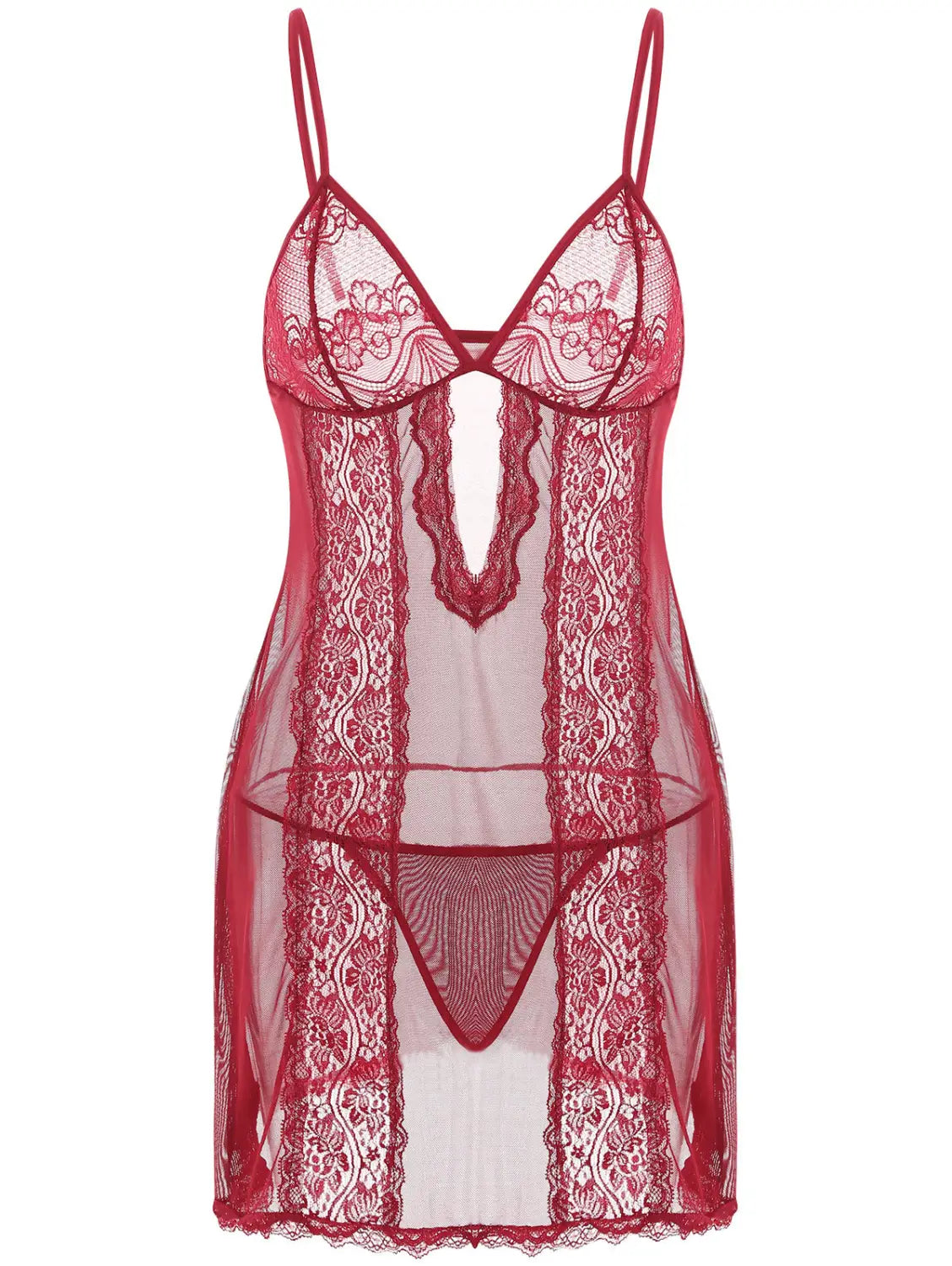 Red lace sling long nightdress featuring delicate floral patterns and thin spaghetti straps in plus size design.