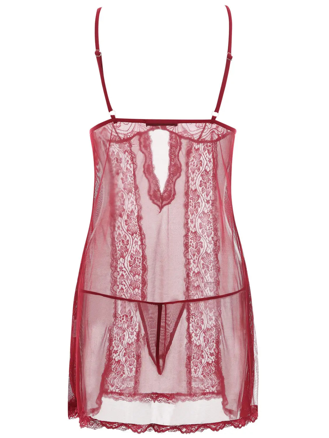 A sheer red lace sling long skirt plus size nightdress featuring delicate floral patterns and thin spaghetti straps.