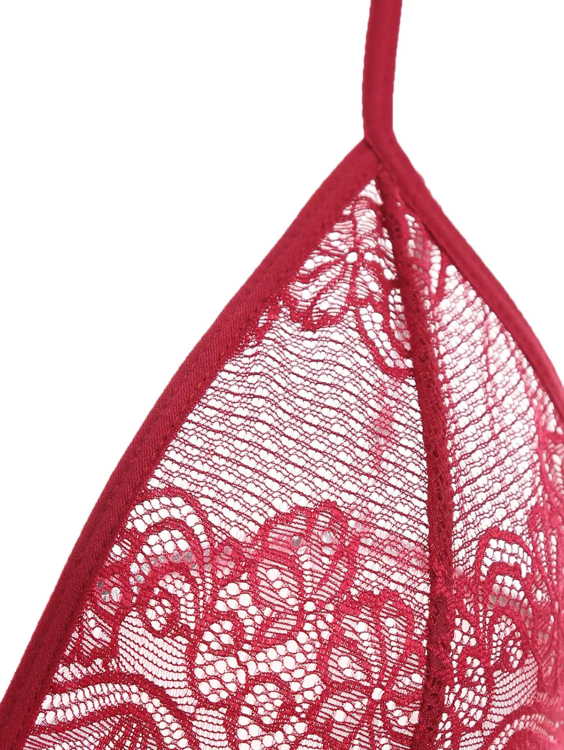 red lace triangle bralette with floral patterns and solid fabric edges paired with a lace sling long plus size nightdress featuring a sling long skirt design