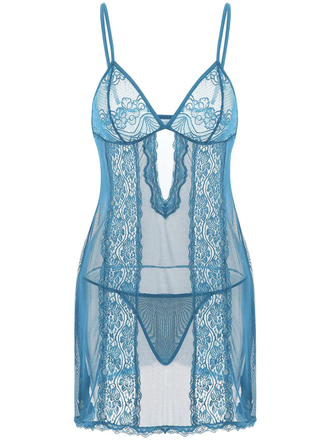A delicate blue lace sling long skirt plus size nightdress with thin spaghetti straps and a sheer flowing design.