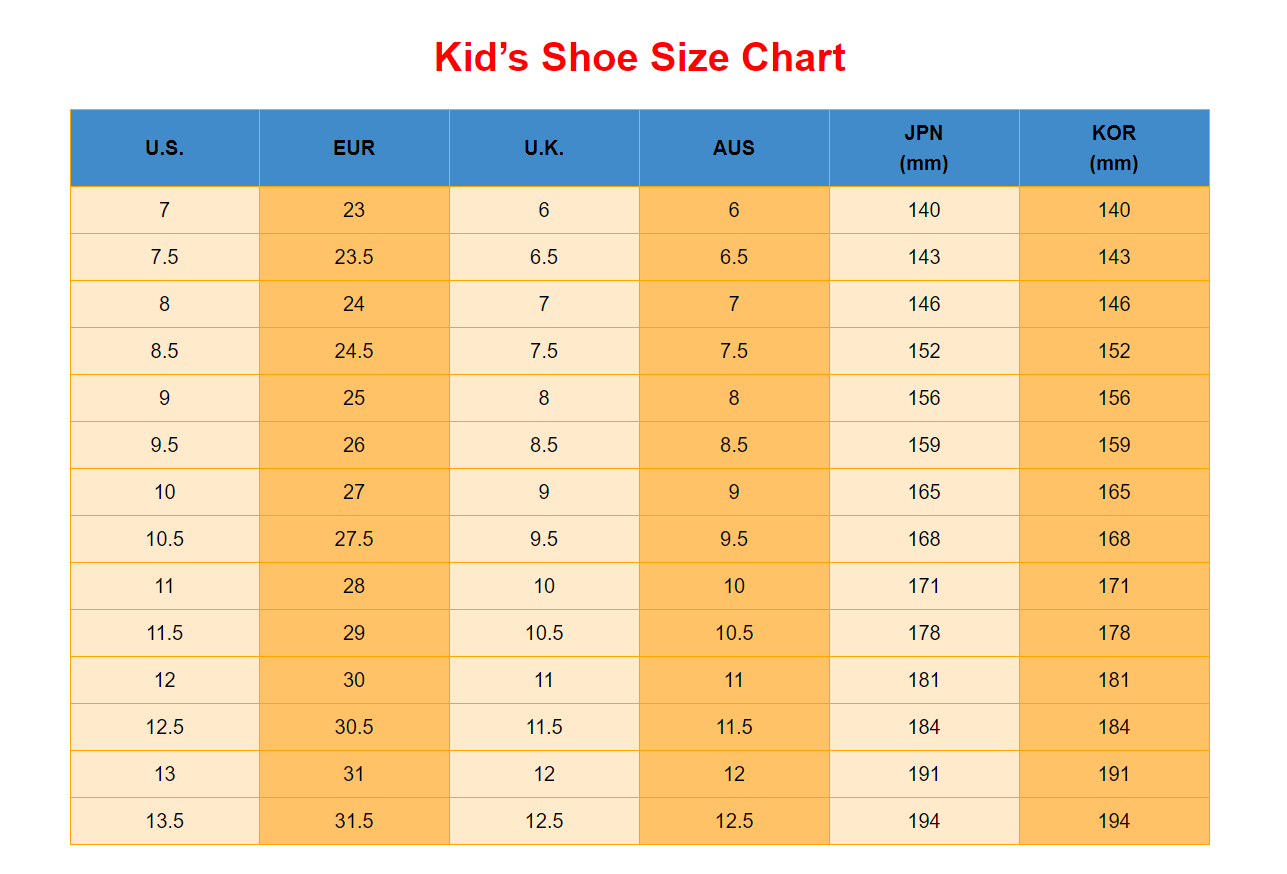 orange and white kid’s shoe size chart displaying u.s., eur, uk, aus, jpn, and kor conversions for sandals korean style flower princess design
