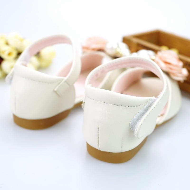 white leather toddler mary jane sandals korean style flower princess with pink interior and velcro strap