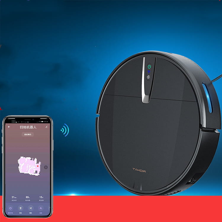 Black circular ultra-thin mopping integrated sweeping robot with a sleek modern design and silver accent strip for automatic refilling sweeping and efficient cleaning.