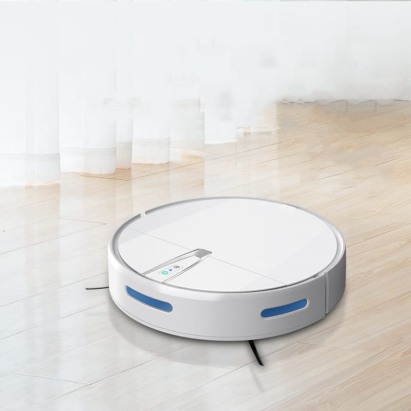 White and silver ultra-thin mopping integrated sweeping robot with blue accent strips designed for automatic refilling sweeping and efficient floor cleaning.
