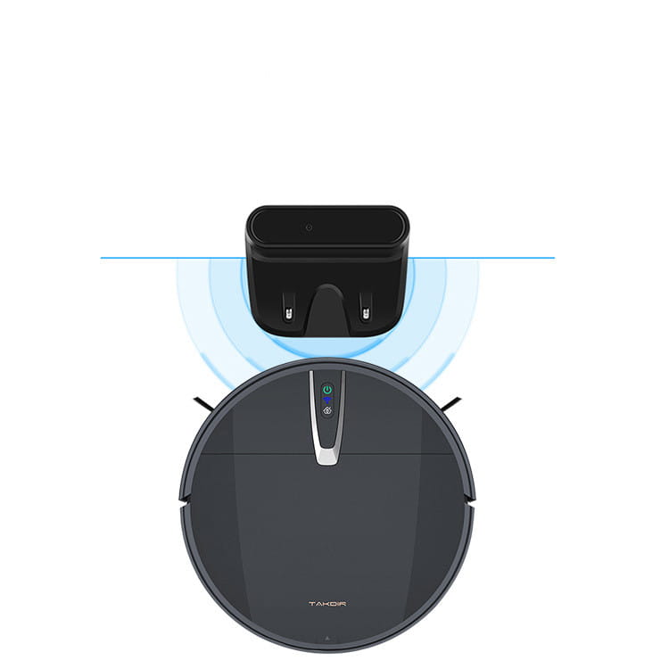 Black takor ultra-thin mopping integrated sweeping robot with a sleek circular design and silver accent strip for automatic refilling sweeping and efficient cleaning.