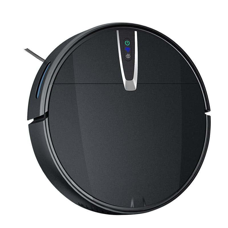 black circular ultra-thin mopping integrated sweeping robot with a sleek glossy finish and silver control panel featuring illuminated power and home buttons designed for automatic refilling sweeping tasks