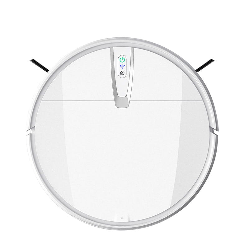 white circular ultra-thin mopping integrated sweeping robot with sleek minimalist design and control panel featuring power wi-fi and home button icons for automatic refilling sweeping.