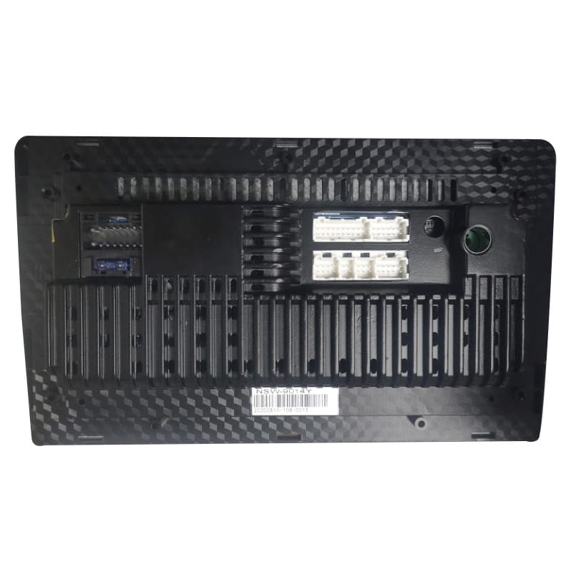 black carbon fiber-patterned rear panel of a 10.25 inch car mp5 integrated navigation system featuring multiple connectors and ventilation slots for optimal performance in mp5 integrated large screen applications