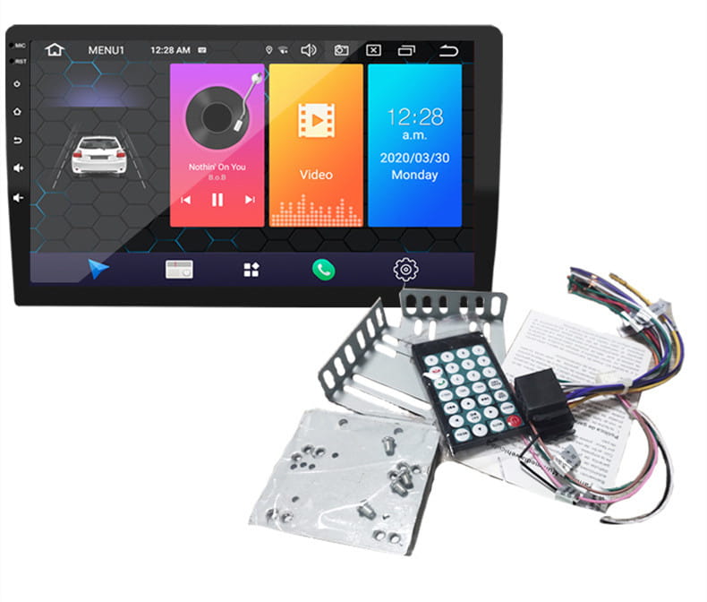 black touchscreen car mp5 integrated stereo with colorful app icons and remote control next to a 10.25 inch mp5 integrated large screen navigation system