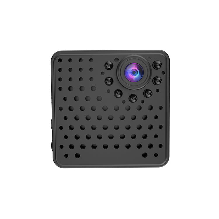 black square-shaped outdoor aerial photography hd night vision camera with a perforated body and central lens emitting a purple glow