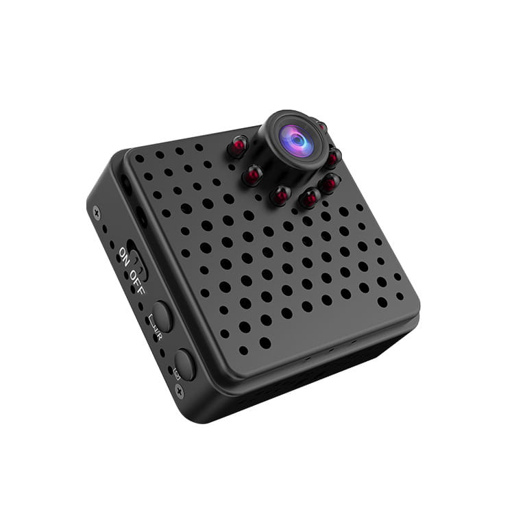 Black compact action camera with perforated body, red led lights around the lens, and labeled power and recording buttons designed for outdoor aerial photography and photography hd night use.