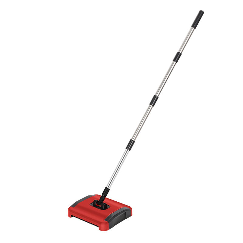 Red and black hand-pushed sweeper electric floor cleaner with a long silver handle designed for efficient home cleaning.