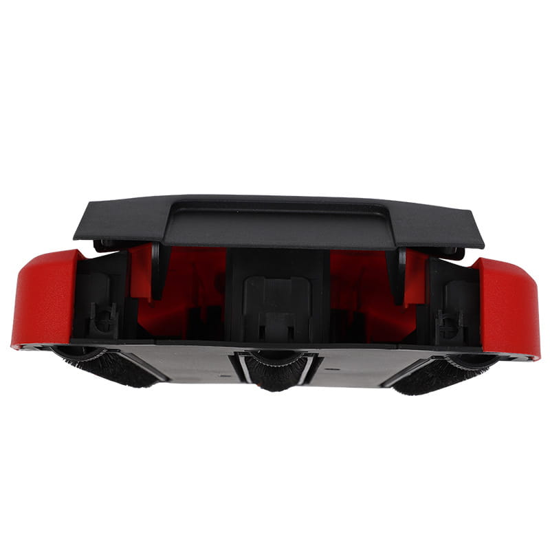 modern hand-pushed sweeper electric floor cleaner in red and black with visible brush rollers and a detachable dustbin compartment for efficient cleaning.