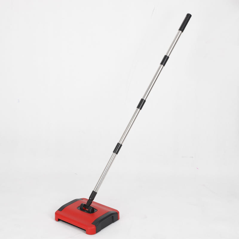 Red and black electric floor cleaner hand-pushed sweeper with a telescopic metal handle designed for efficient floor cleaning.