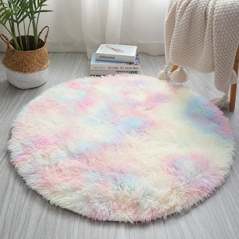 pastel rainbow-colored fluffy round living room carpet with diameter round design for nordic living room decor