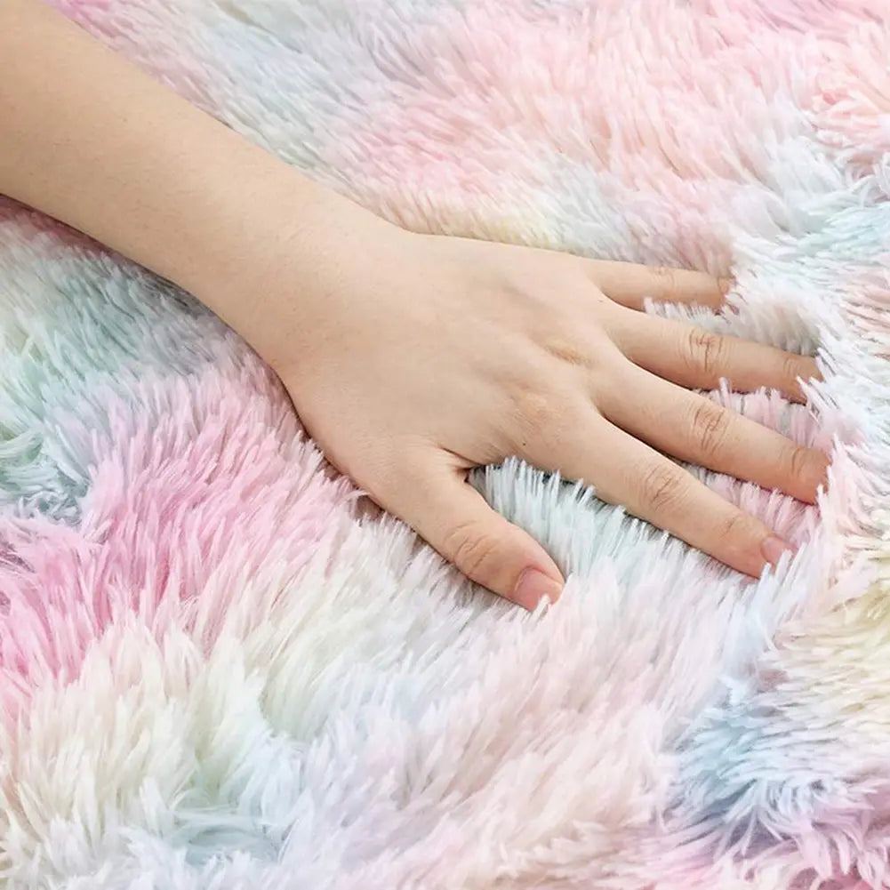 a soft fluffy pastel rainbow nordic living room carpet with a plush shaggy texture and diameter round shape perfect for a living room carpet
