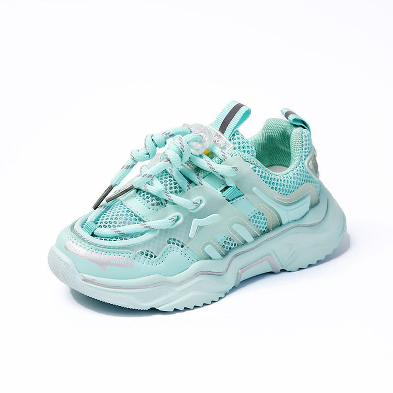 A mint green mesh older children’s casual sports shoe with translucent overlays and a chunky sole designed for casual shoes use.