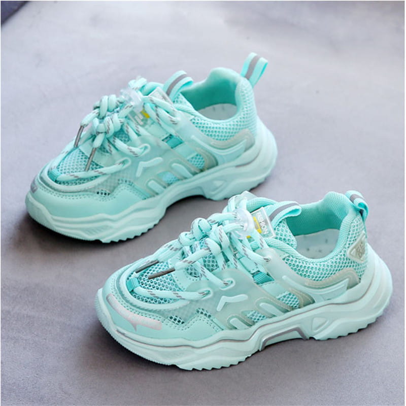 Mint green mesh older children’s casual sports shoes with chunky white soles and silver accents designed for casual use.