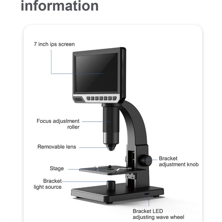Black digital microscope royale essence lux featuring a 7 inch ips touchscreen and removable lens displayed with packing list details.
