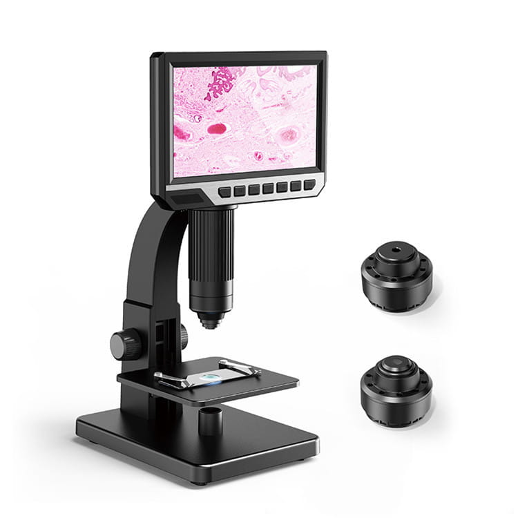 black digital microscope royale essence lux with 7 inch hd touchscreen displaying pink and white cellular imagery, featuring adjustable focus knobs and two additional objective lenses shown in packing list