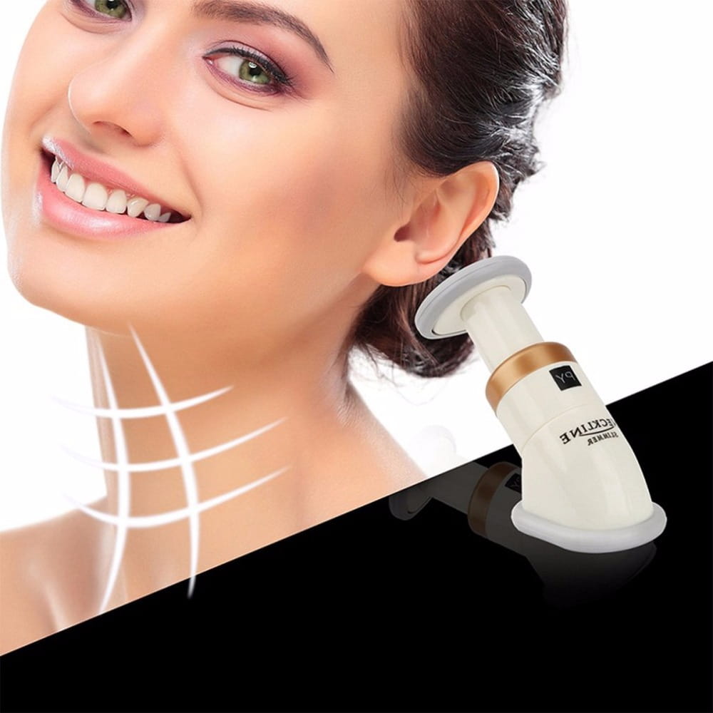 White and gold facial contouring chin massager with a sleek cylindrical design, serving as a mini neckline slimmer and neck exerciser.