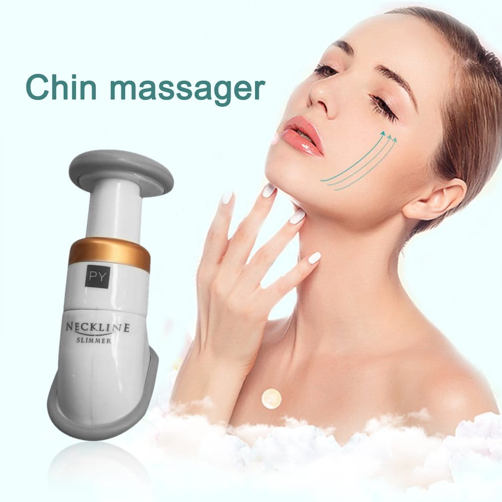 Gray and gold mini neckline slimmer chin massager and neck exerciser designed for facial toning and neck contouring.