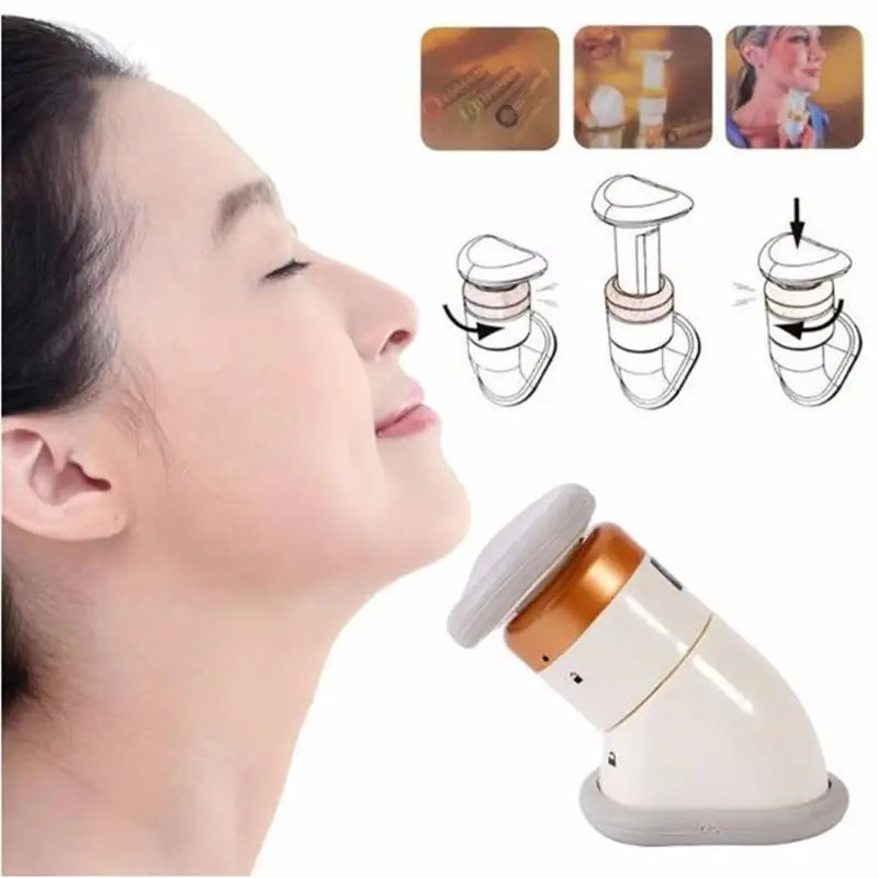 White and gold mini neckline slimmer chin massager with a rounded head and base designed as a facial and neck exerciser.