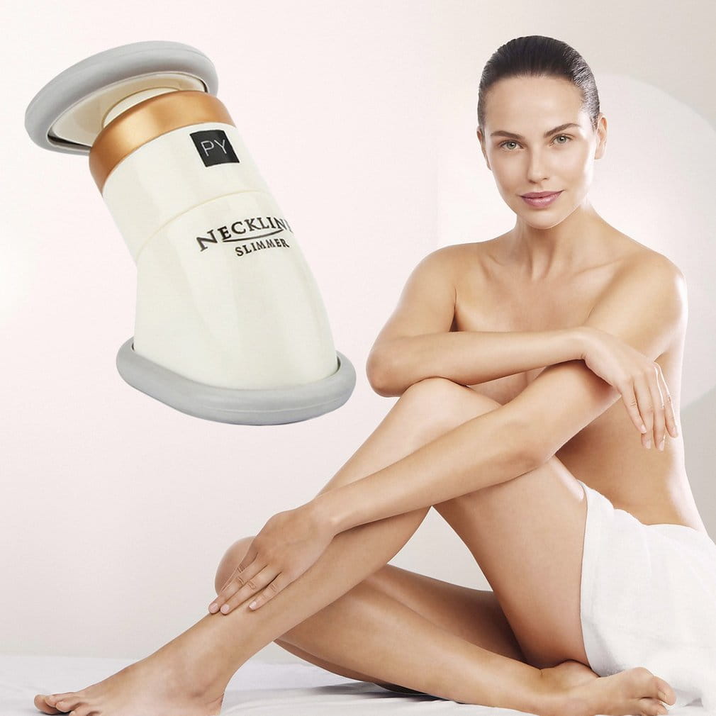 Cream-colored mini neckline slimmer neck exerciser with a gray base and gold accent band designed as a chin massager for neck contouring.