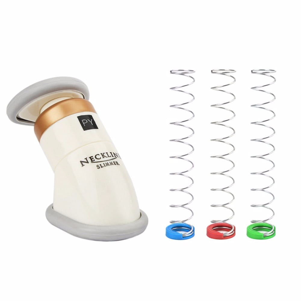 Cream-colored plastic mini neckline slimmer neck exerciser chin massager with gold accent and gray base by py, accompanied by three metallic springs in blue, red, and green.