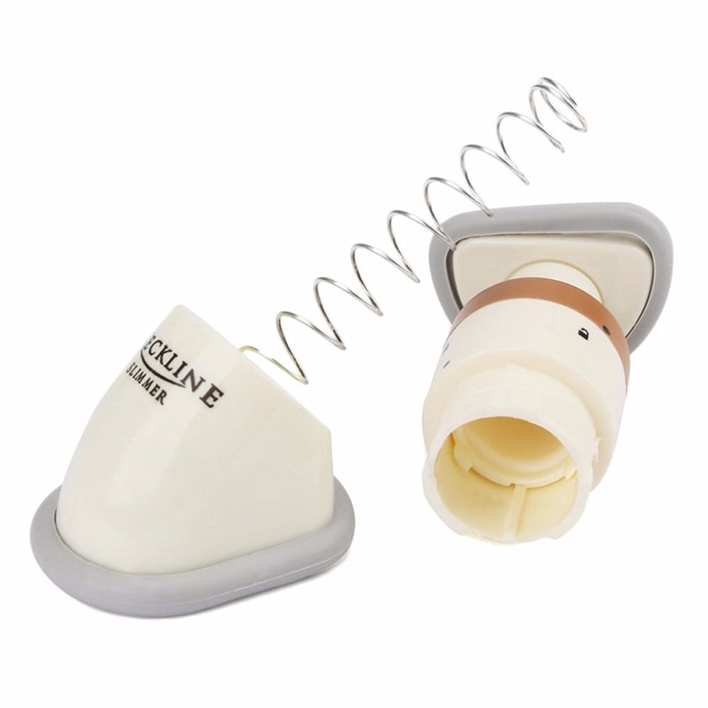 Cream-colored plastic and gray rubber suction cup neck exerciser with a metal spring branded suckline summer from the mini neckline slimmer chin massager product line.