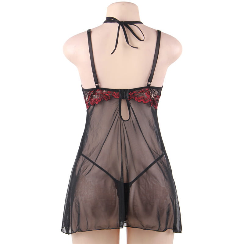 black and red plus size transparent mesh sling featuring a sheer black nightgown with red lace trim and adjustable straps, designed as a mesh sling nightdress plus.