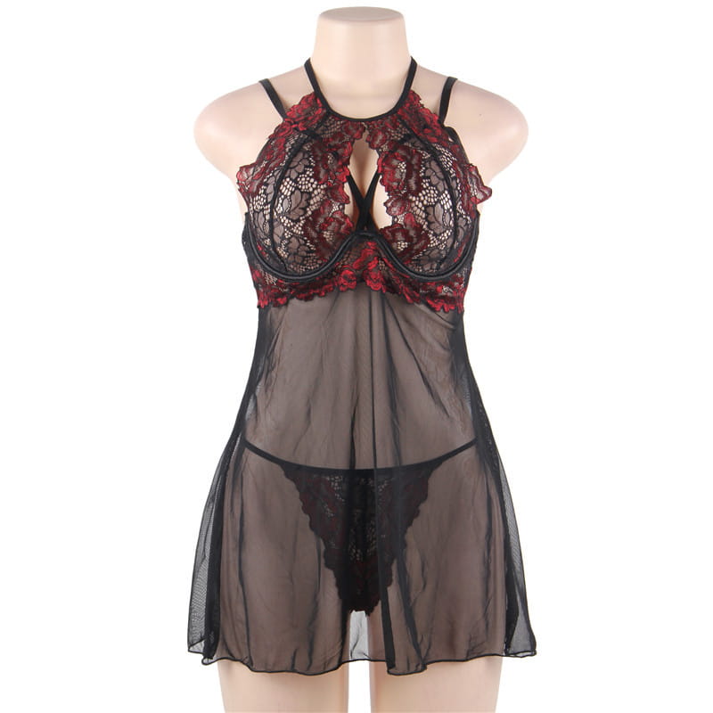 black and red plus size transparent mesh sling nightgown featuring lace halter design with sheer mesh overlay for elegant nighttime wear