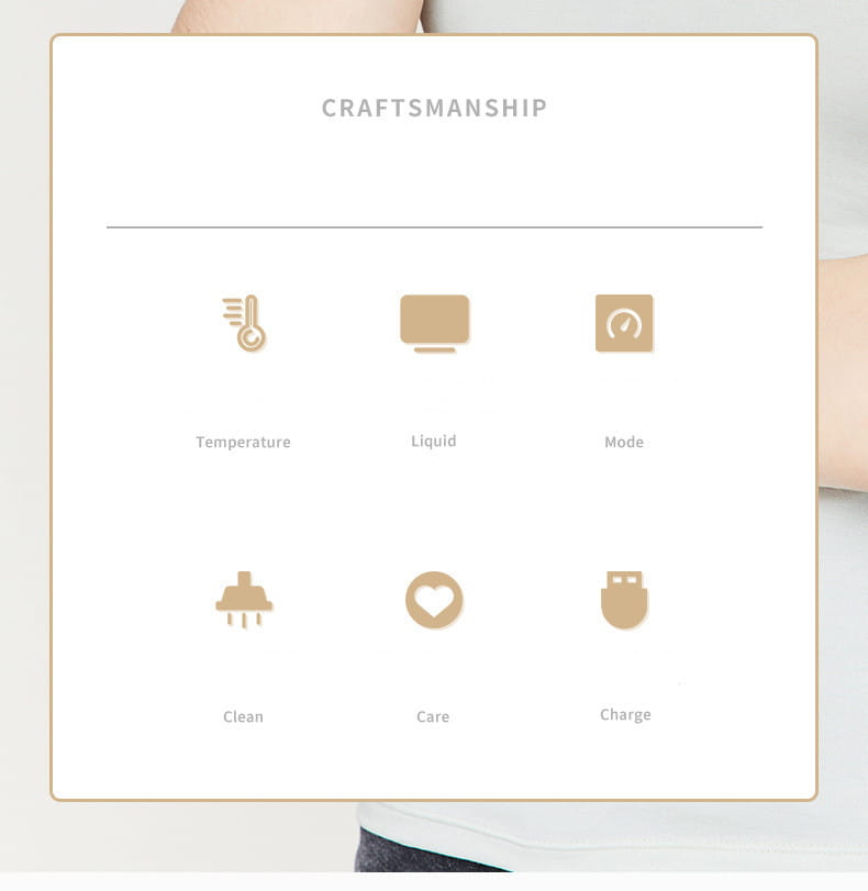 a minimalist white handheld digital iontophoresis personal care device control panel with gold-toned icons and labels for temperature, liquid, mode, clean, care, and charge features for care negative iontophoresis use